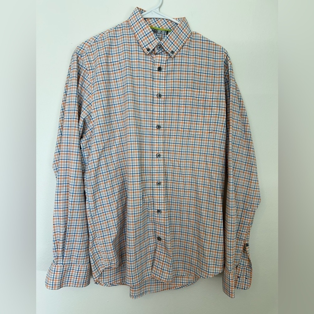 tasc Performance Shirt M Button Down‎ Blue Orange White Gray Plaid Long Sleeve